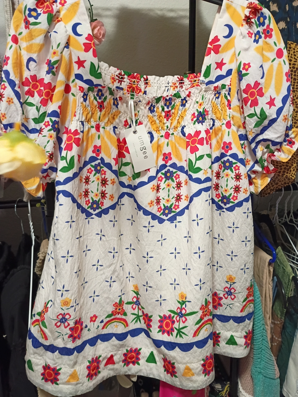 Umgee White Embroidered Floral Puff Sleeve Peasant Top